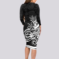 Polynesian Sunset Plumeria Long Sleeve Bodycon Dress Pacific Island Tribal Black Style - Wonder Print Shop