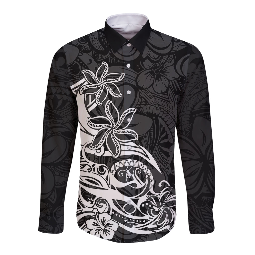 Polynesian Sunset Plumeria Long Sleeve Button Shirt Pacific Island Tribal Black Style - Wonder Print Shop