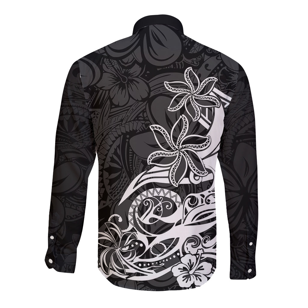 Polynesian Sunset Plumeria Long Sleeve Button Shirt Pacific Island Tribal Black Style - Wonder Print Shop