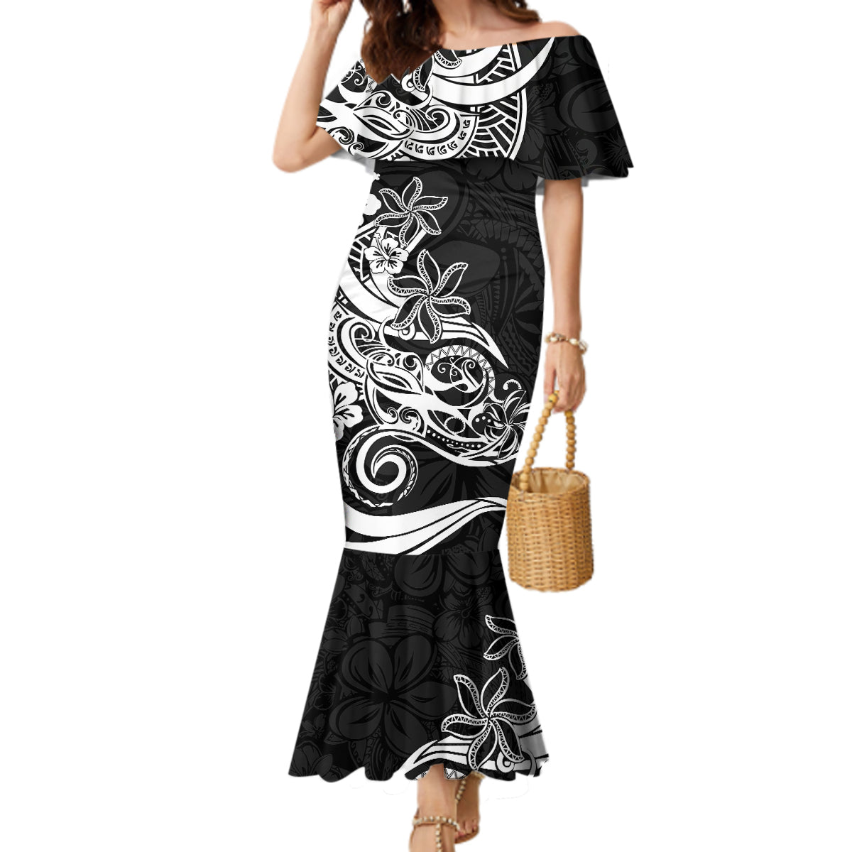 Polynesian Sunset Plumeria Mermaid Dress Pacific Island Tribal Black Style - Wonder Print Shop