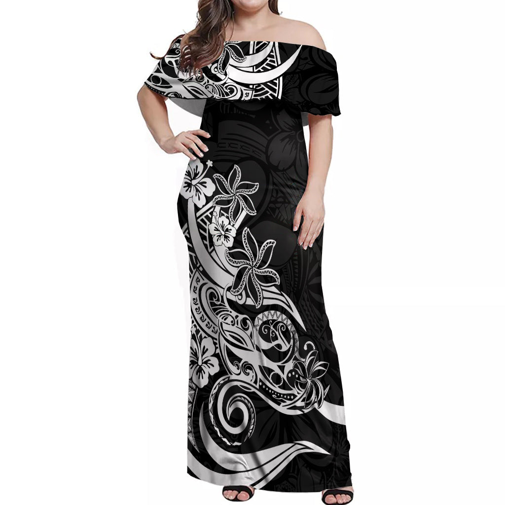 Polynesian Sunset Plumeria Off Shoulder Maxi Dress Pacific Island Tribal Black Style - Wonder Print Shop