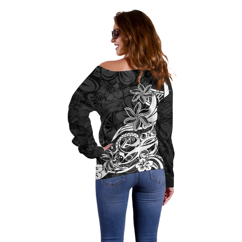 Polynesian Sunset Plumeria Off Shoulder Sweater Pacific Island Tribal Black Style - Wonder Print Shop