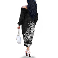 Polynesian Sunset Plumeria Off The Shoulder Long Sleeve Dress Pacific Island Tribal Black Style - Wonder Print Shop