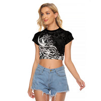 Polynesian Sunset Plumeria Raglan Cropped T Shirt Pacific Island Tribal Black Style - Wonder Print Shop