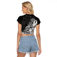 Polynesian Sunset Plumeria Raglan Cropped T Shirt Pacific Island Tribal Black Style - Wonder Print Shop