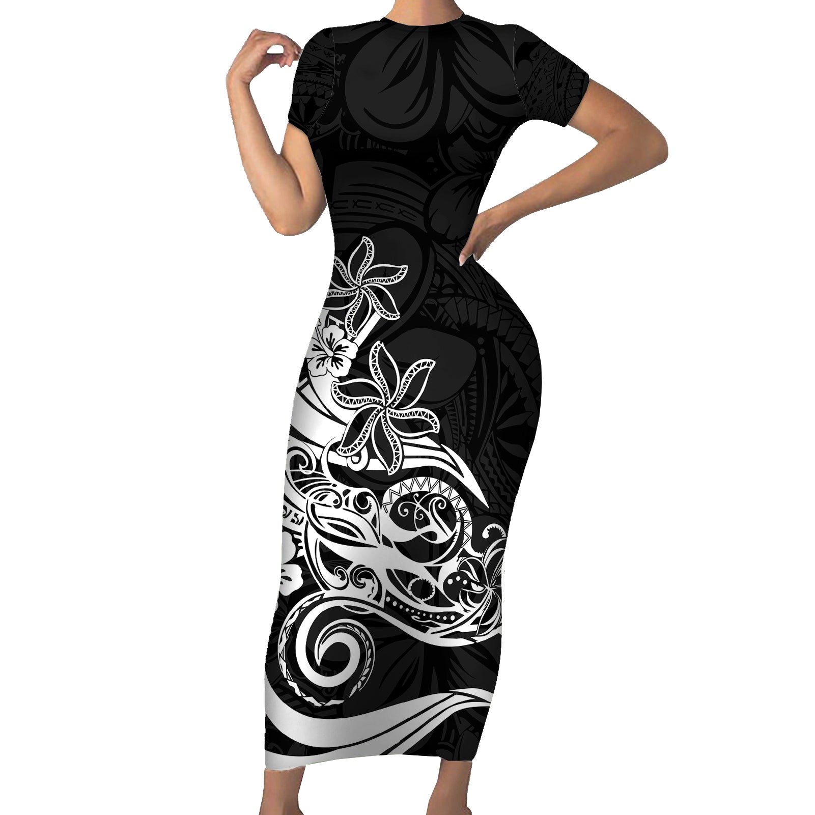 Polynesian Sunset Plumeria Short Sleeve Bodycon Dress Pacific Island Tribal Black Style - Wonder Print Shop