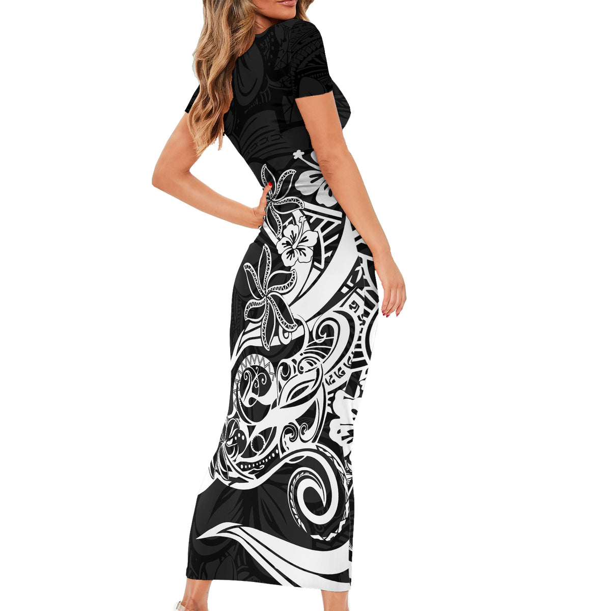 Polynesian Sunset Plumeria Short Sleeve Bodycon Dress Pacific Island Tribal Black Style - Wonder Print Shop