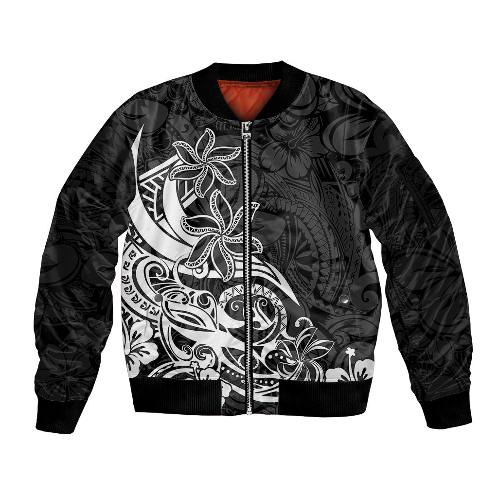 Polynesian Sunset Plumeria Sleeve Zip Bomber Jacket Pacific Island Tribal Black Style - Wonder Print Shop