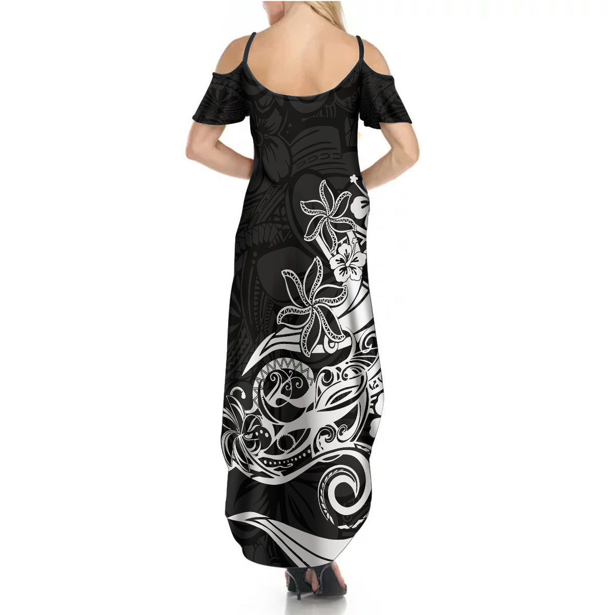 Polynesian Sunset Plumeria Summer Maxi Dress Pacific Island Tribal Black Style - Wonder Print Shop