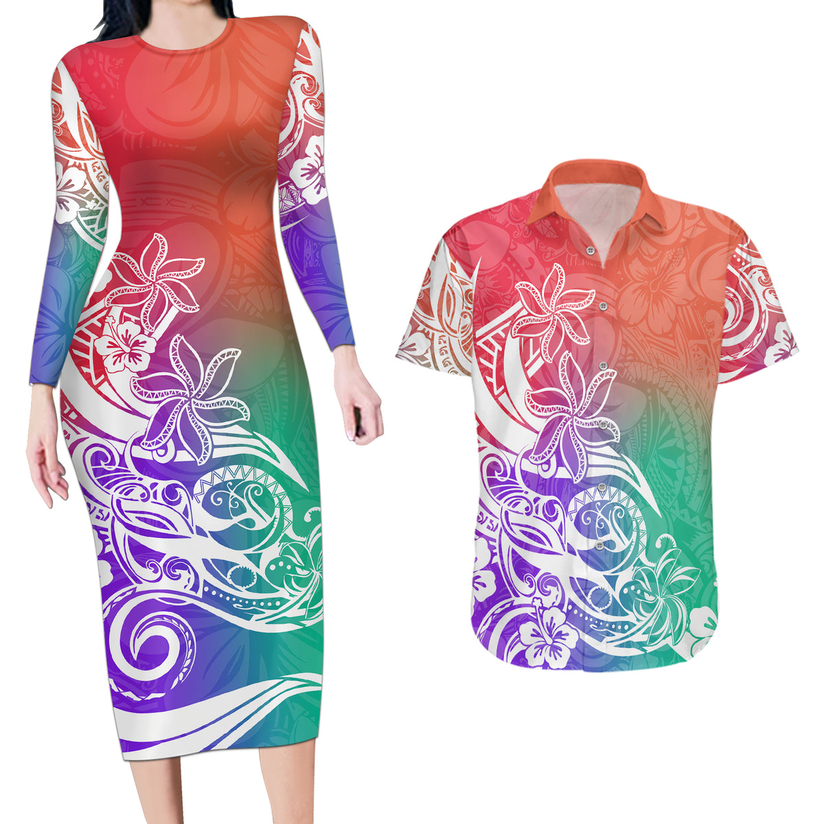 Polynesian Sunset Plumeria Couples Matching Long Sleeve Bodycon Dress and Hawaiian Shirt Pacific Island Tribal Blossom Style LT9 - Wonder Print Shop