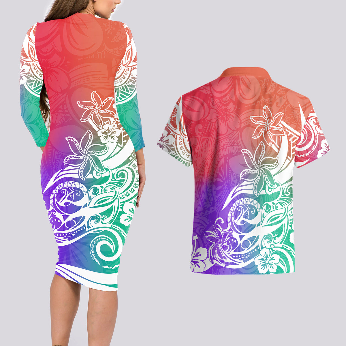 Polynesian Sunset Plumeria Couples Matching Long Sleeve Bodycon Dress and Hawaiian Shirt Pacific Island Tribal Blossom Style LT9 - Wonder Print Shop