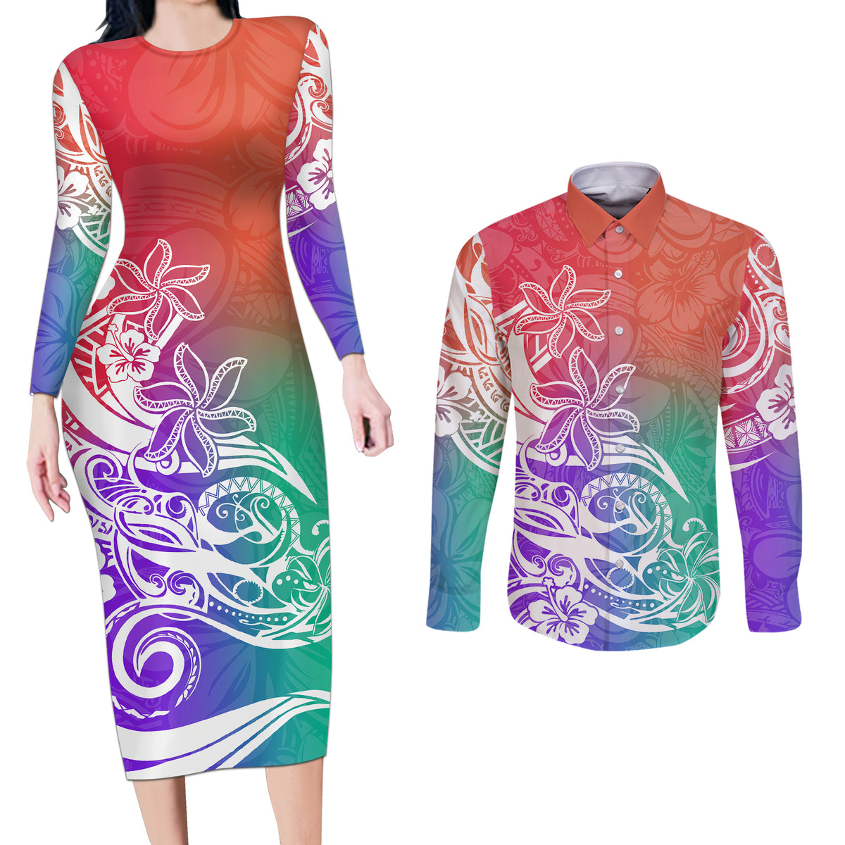 Polynesian Sunset Plumeria Couples Matching Long Sleeve Bodycon Dress and Long Sleeve Button Shirts Pacific Island Tribal Blossom Style LT9 - Wonder Print Shop