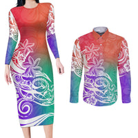 Polynesian Sunset Plumeria Couples Matching Long Sleeve Bodycon Dress and Long Sleeve Button Shirts Pacific Island Tribal Blossom Style LT9 - Wonder Print Shop