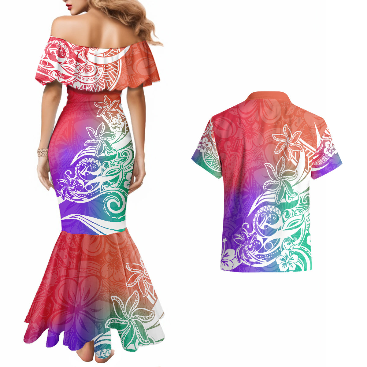 Polynesian Sunset Plumeria Couples Matching Mermaid Dress and Hawaiian Shirt Pacific Island Tribal Blossom Style LT9 - Wonder Print Shop