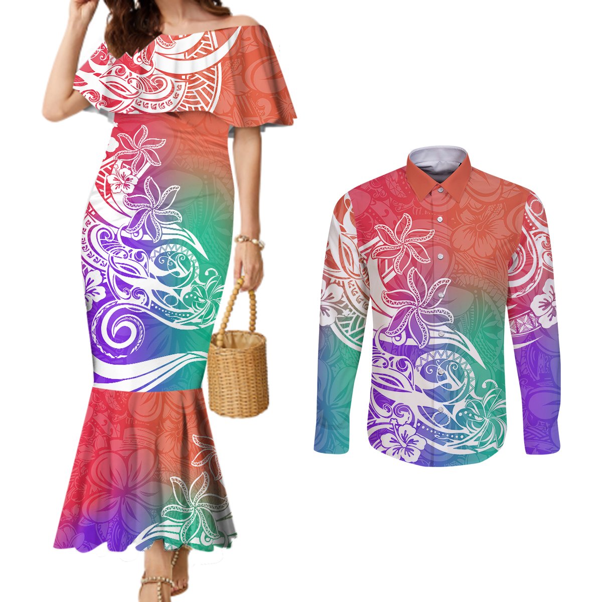 polynesian-sunset-plumeria-couples-matching-mermaid-dress-and-long-sleeve-button-shirts-pacific-island-tribal-blossom-style