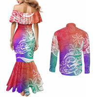 polynesian-sunset-plumeria-couples-matching-mermaid-dress-and-long-sleeve-button-shirts-pacific-island-tribal-blossom-style