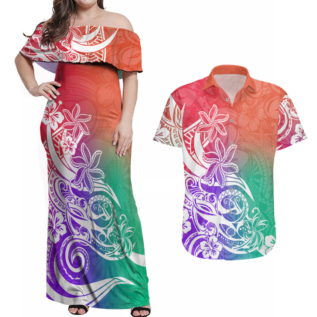 Polynesian Sunset Plumeria Couples Matching Off Shoulder Maxi Dress and Hawaiian Shirt Pacific Island Tribal Blossom Style LT9 - Wonder Print Shop