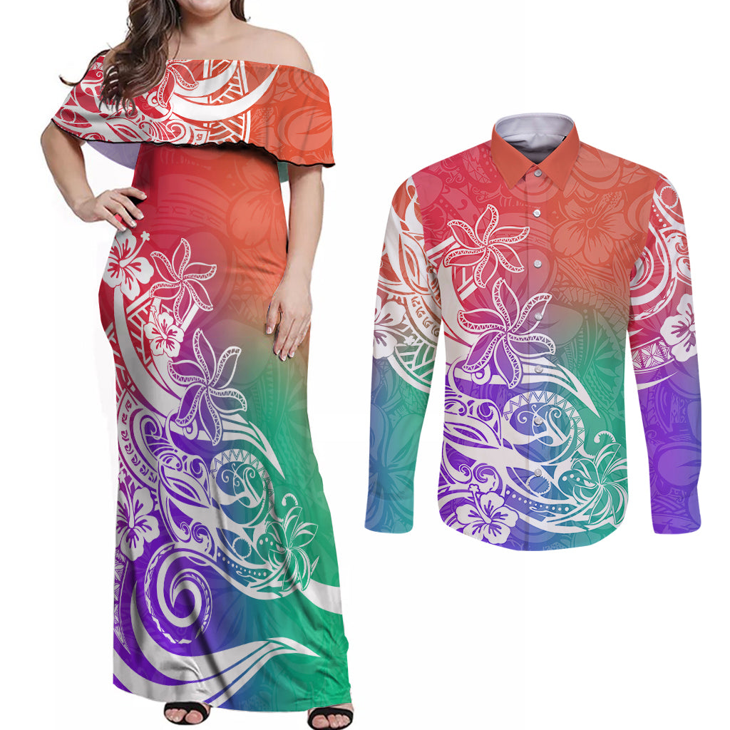 Polynesian Sunset Plumeria Couples Matching Off Shoulder Maxi Dress and Long Sleeve Button Shirts Pacific Island Tribal Blossom Style LT9 - Wonder Print Shop