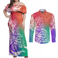 Polynesian Sunset Plumeria Couples Matching Off Shoulder Maxi Dress and Long Sleeve Button Shirts Pacific Island Tribal Blossom Style LT9 - Wonder Print Shop