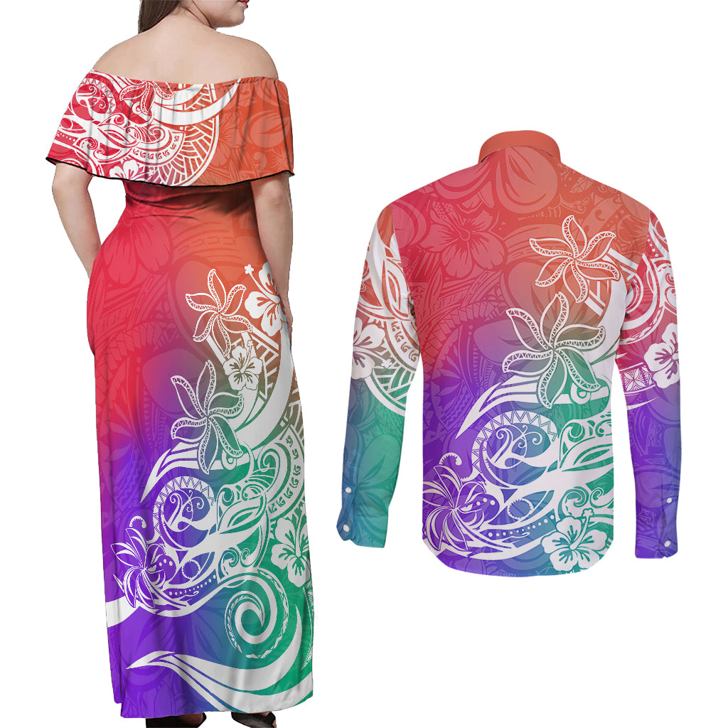 Polynesian Sunset Plumeria Couples Matching Off Shoulder Maxi Dress and Long Sleeve Button Shirts Pacific Island Tribal Blossom Style LT9 - Wonder Print Shop