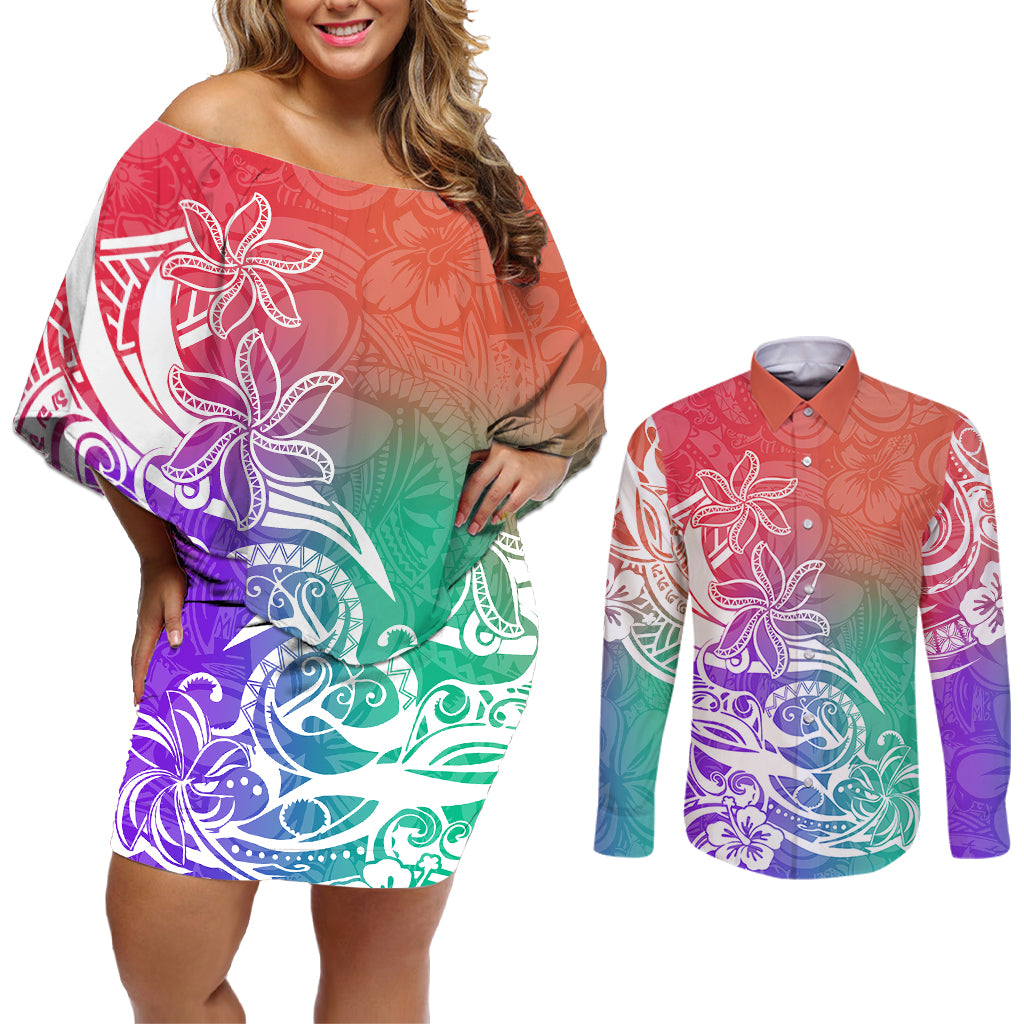 Polynesian Sunset Plumeria Couples Matching Off Shoulder Short Dress and Long Sleeve Button Shirts Pacific Island Tribal Blossom Style LT9 - Wonder Print Shop