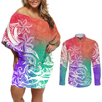 Polynesian Sunset Plumeria Couples Matching Off Shoulder Short Dress and Long Sleeve Button Shirts Pacific Island Tribal Blossom Style LT9 - Wonder Print Shop