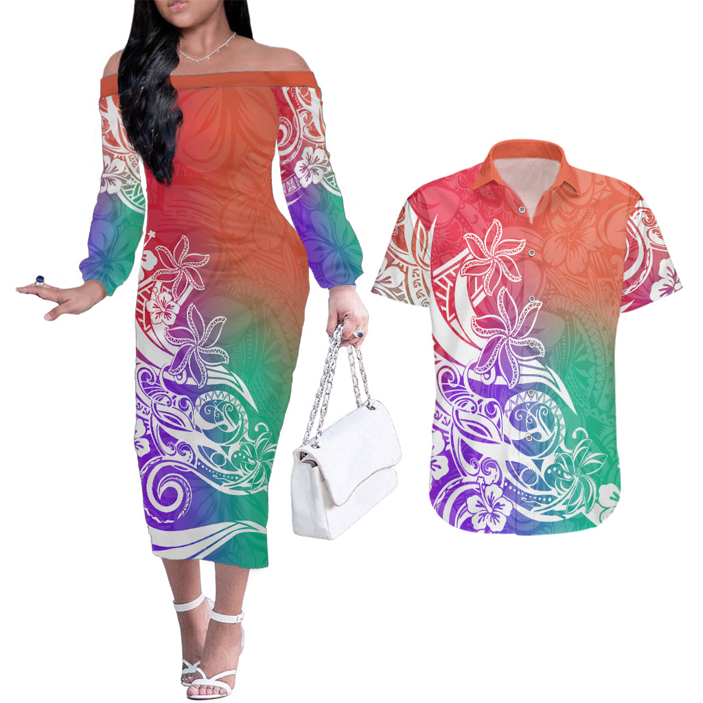 Polynesian Sunset Plumeria Couples Matching Off The Shoulder Long Sleeve Dress and Hawaiian Shirt Pacific Island Tribal Blossom Style LT9 - Wonder Print Shop