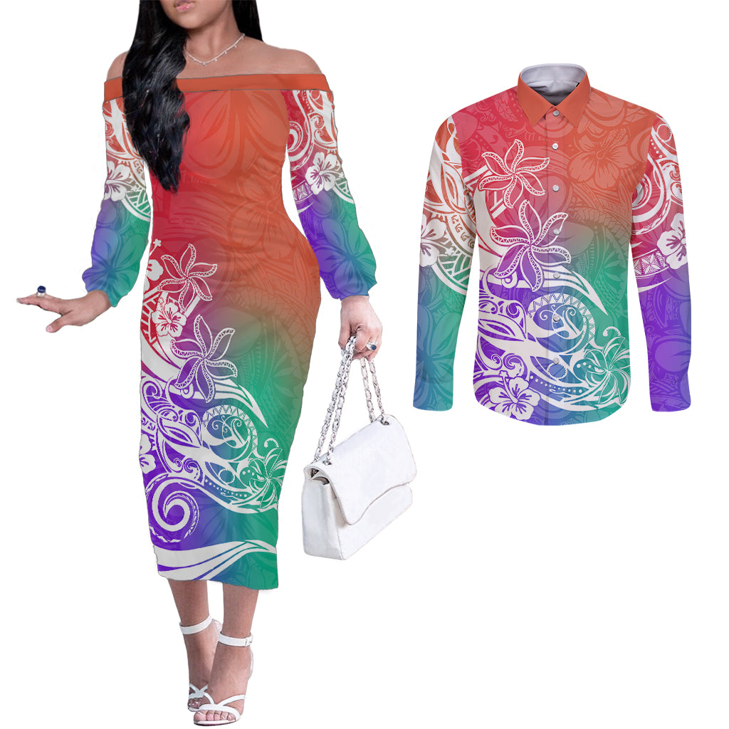 polynesian-sunset-plumeria-couples-matching-off-the-shoulder-long-sleeve-dress-and-long-sleeve-button-shirts-pacific-island-tribal-blossom-style