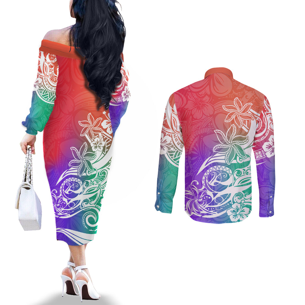 polynesian-sunset-plumeria-couples-matching-off-the-shoulder-long-sleeve-dress-and-long-sleeve-button-shirts-pacific-island-tribal-blossom-style