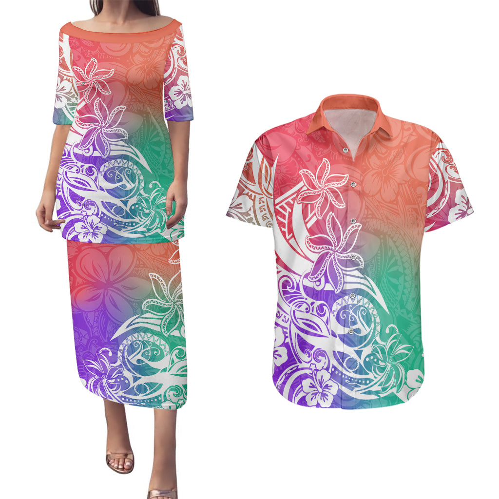 Polynesian Sunset Plumeria Couples Matching Puletasi Dress and Hawaiian Shirt Pacific Island Tribal Blossom Style LT9 - Wonder Print Shop