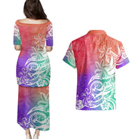 Polynesian Sunset Plumeria Couples Matching Puletasi Dress and Hawaiian Shirt Pacific Island Tribal Blossom Style LT9 - Wonder Print Shop