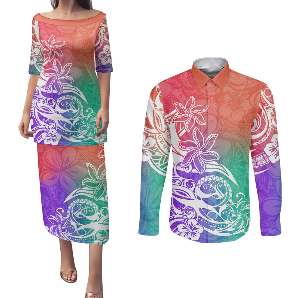 Polynesian Sunset Plumeria Couples Matching Puletasi Dress and Long Sleeve Button Shirts Pacific Island Tribal Blossom Style LT9 - Wonder Print Shop