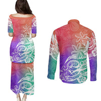 Polynesian Sunset Plumeria Couples Matching Puletasi Dress and Long Sleeve Button Shirts Pacific Island Tribal Blossom Style LT9 - Wonder Print Shop