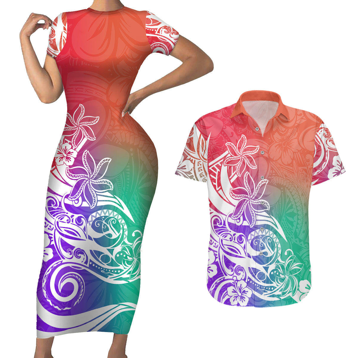 Polynesian Sunset Plumeria Couples Matching Short Sleeve Bodycon Dress and Hawaiian Shirt Pacific Island Tribal Blossom Style LT9 - Wonder Print Shop