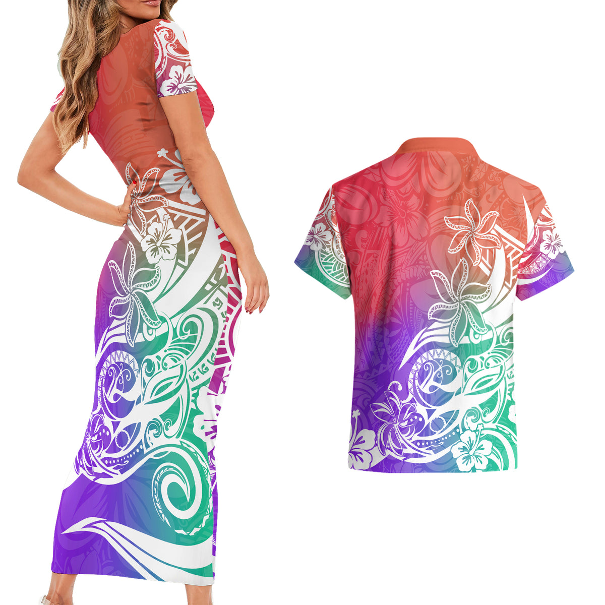 Polynesian Sunset Plumeria Couples Matching Short Sleeve Bodycon Dress and Hawaiian Shirt Pacific Island Tribal Blossom Style LT9 - Wonder Print Shop