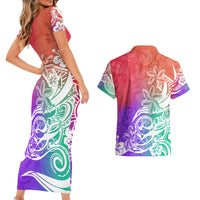 Polynesian Sunset Plumeria Couples Matching Short Sleeve Bodycon Dress and Hawaiian Shirt Pacific Island Tribal Blossom Style LT9 - Wonder Print Shop
