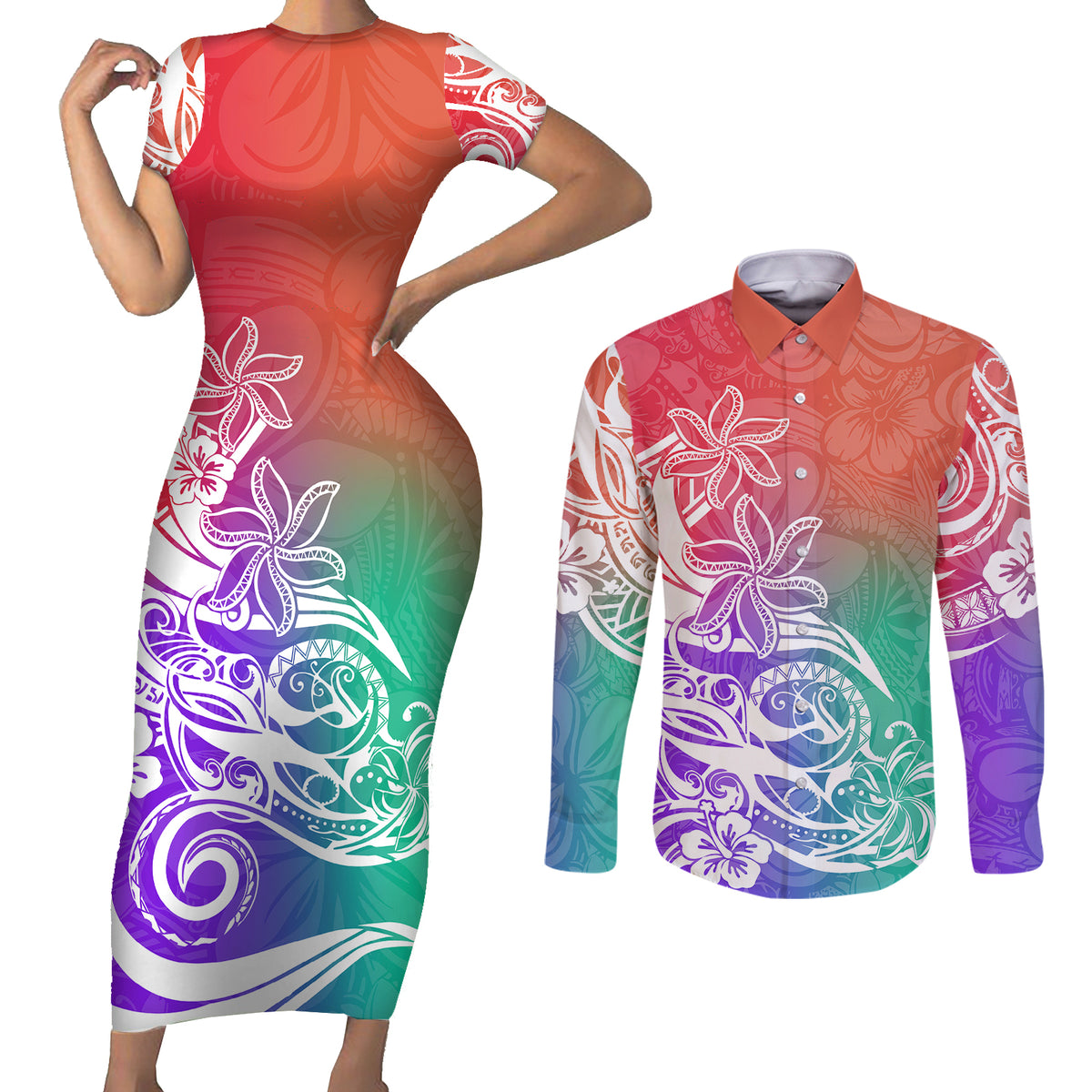 Polynesian Sunset Plumeria Couples Matching Short Sleeve Bodycon Dress and Long Sleeve Button Shirts Pacific Island Tribal Blossom Style LT9 - Wonder Print Shop