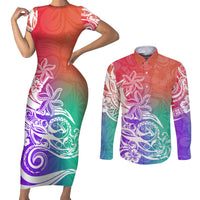 Polynesian Sunset Plumeria Couples Matching Short Sleeve Bodycon Dress and Long Sleeve Button Shirts Pacific Island Tribal Blossom Style LT9 - Wonder Print Shop