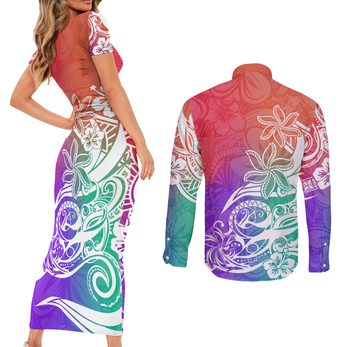 Polynesian Sunset Plumeria Couples Matching Short Sleeve Bodycon Dress and Long Sleeve Button Shirts Pacific Island Tribal Blossom Style LT9 - Wonder Print Shop