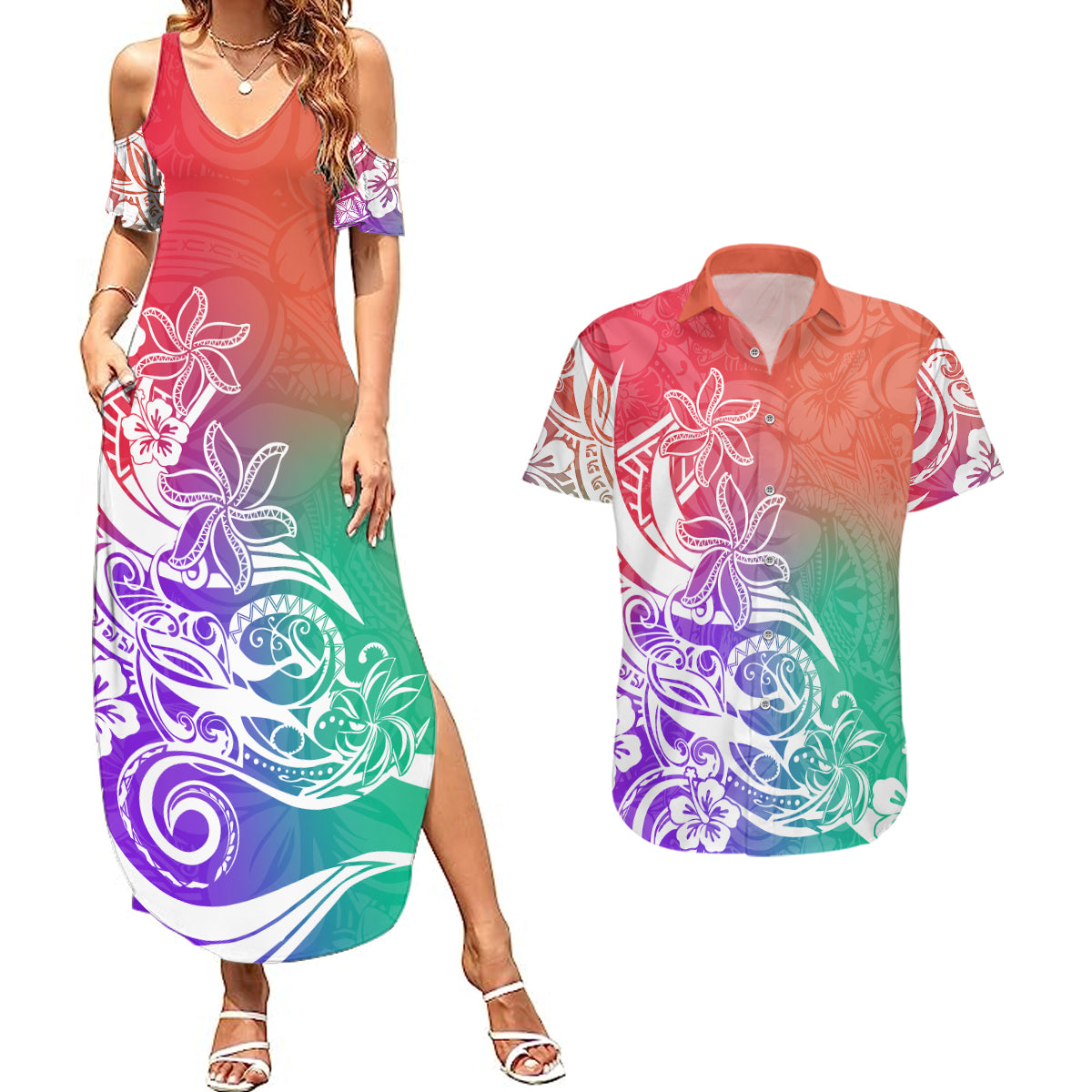Polynesian Sunset Plumeria Couples Matching Summer Maxi Dress and Hawaiian Shirt Pacific Island Tribal Blossom Style LT9 - Wonder Print Shop