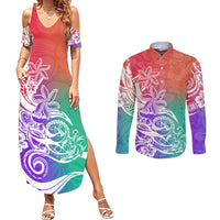 Polynesian Sunset Plumeria Couples Matching Summer Maxi Dress and Long Sleeve Button Shirts Pacific Island Tribal Blossom Style LT9 - Wonder Print Shop