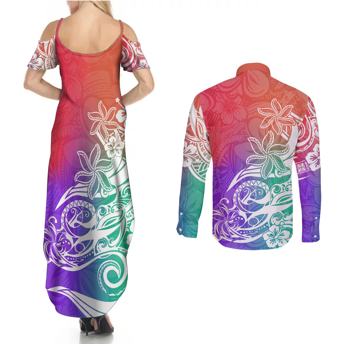 Polynesian Sunset Plumeria Couples Matching Summer Maxi Dress and Long Sleeve Button Shirts Pacific Island Tribal Blossom Style LT9 - Wonder Print Shop