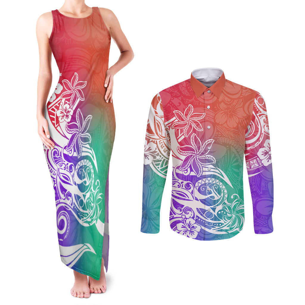 Polynesian Sunset Plumeria Couples Matching Tank Maxi Dress and Long Sleeve Button Shirts Pacific Island Tribal Blossom Style LT9 - Wonder Print Shop