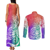 Polynesian Sunset Plumeria Couples Matching Tank Maxi Dress and Long Sleeve Button Shirts Pacific Island Tribal Blossom Style LT9 - Wonder Print Shop