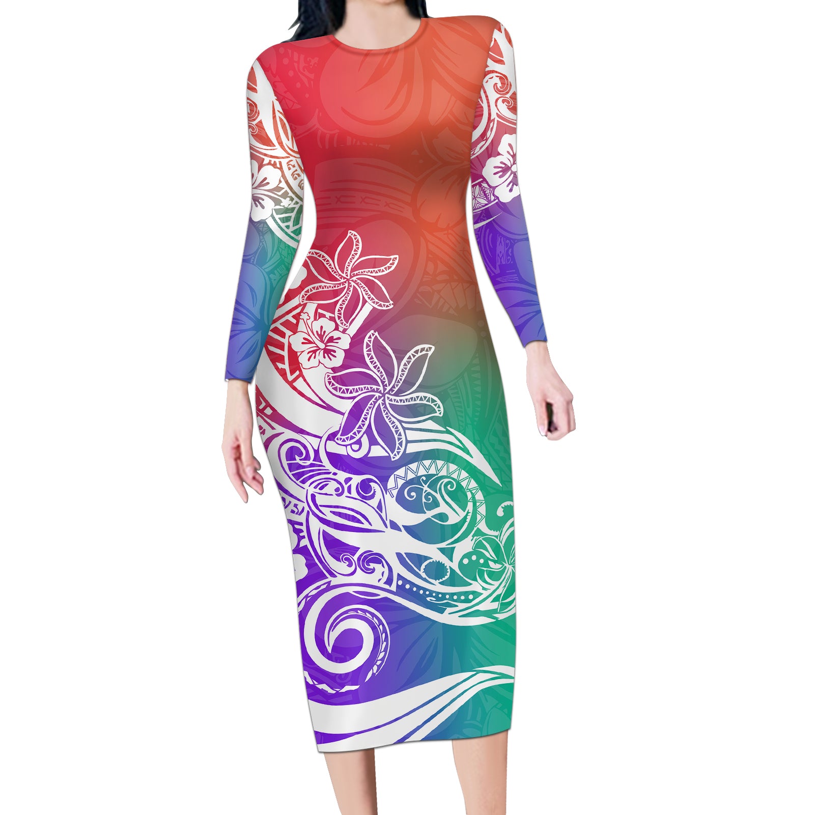 Polynesian Sunset Plumeria Long Sleeve Bodycon Dress Pacific Island Tribal Blossom Style - Wonder Print Shop