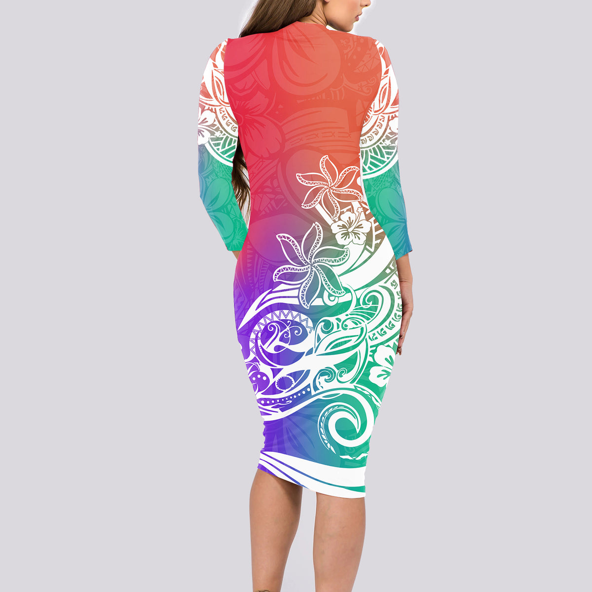 Polynesian Sunset Plumeria Long Sleeve Bodycon Dress Pacific Island Tribal Blossom Style - Wonder Print Shop