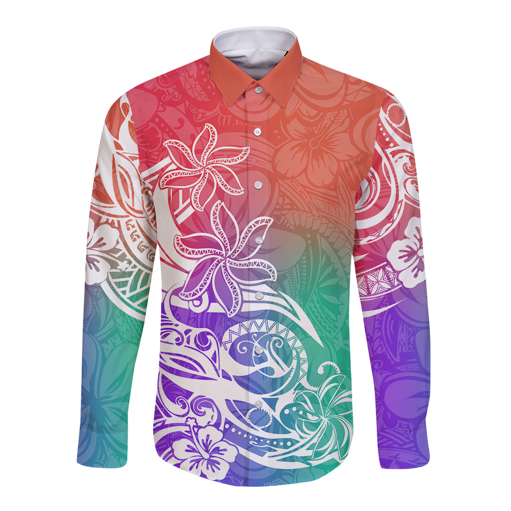 Polynesian Sunset Plumeria Long Sleeve Button Shirt Pacific Island Tribal Blossom Style - Wonder Print Shop