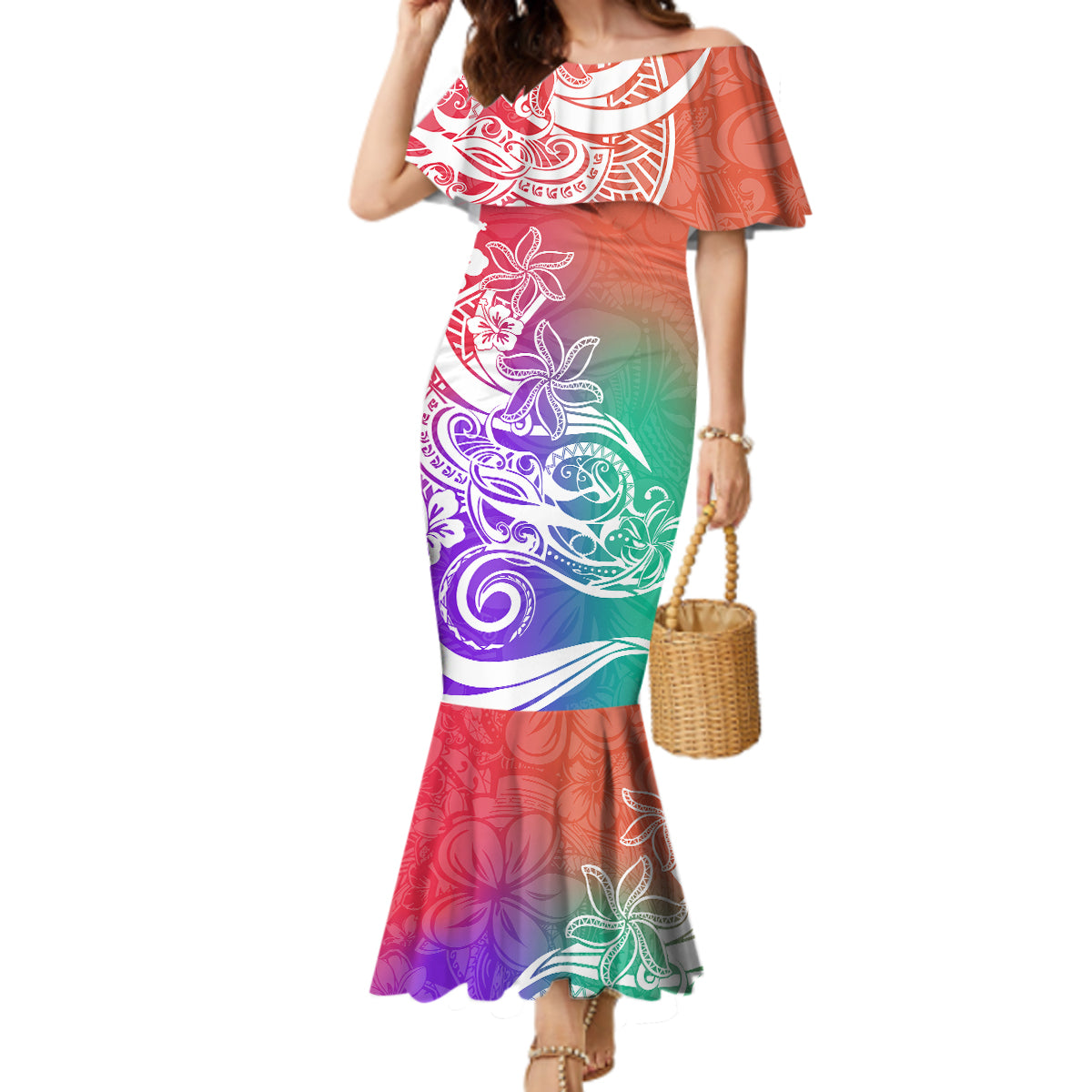 Polynesian Sunset Plumeria Mermaid Dress Pacific Island Tribal Blossom Style - Wonder Print Shop