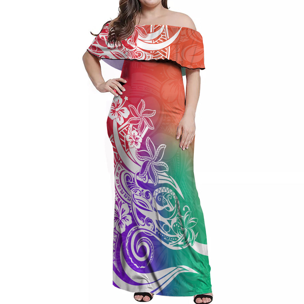 Polynesian Sunset Plumeria Off Shoulder Maxi Dress Pacific Island Tribal Blossom Style - Wonder Print Shop