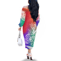 Polynesian Sunset Plumeria Off The Shoulder Long Sleeve Dress Pacific Island Tribal Blossom Style - Wonder Print Shop